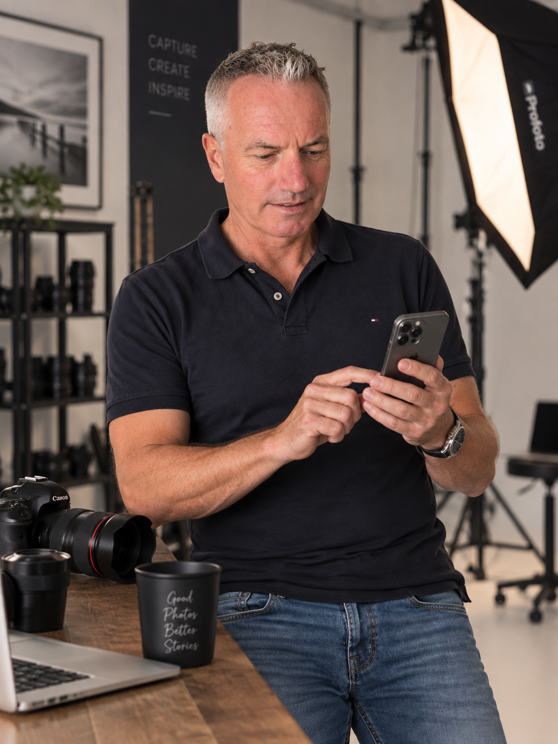 Jeroen Vlug met zijn telefoon in de fotostudio